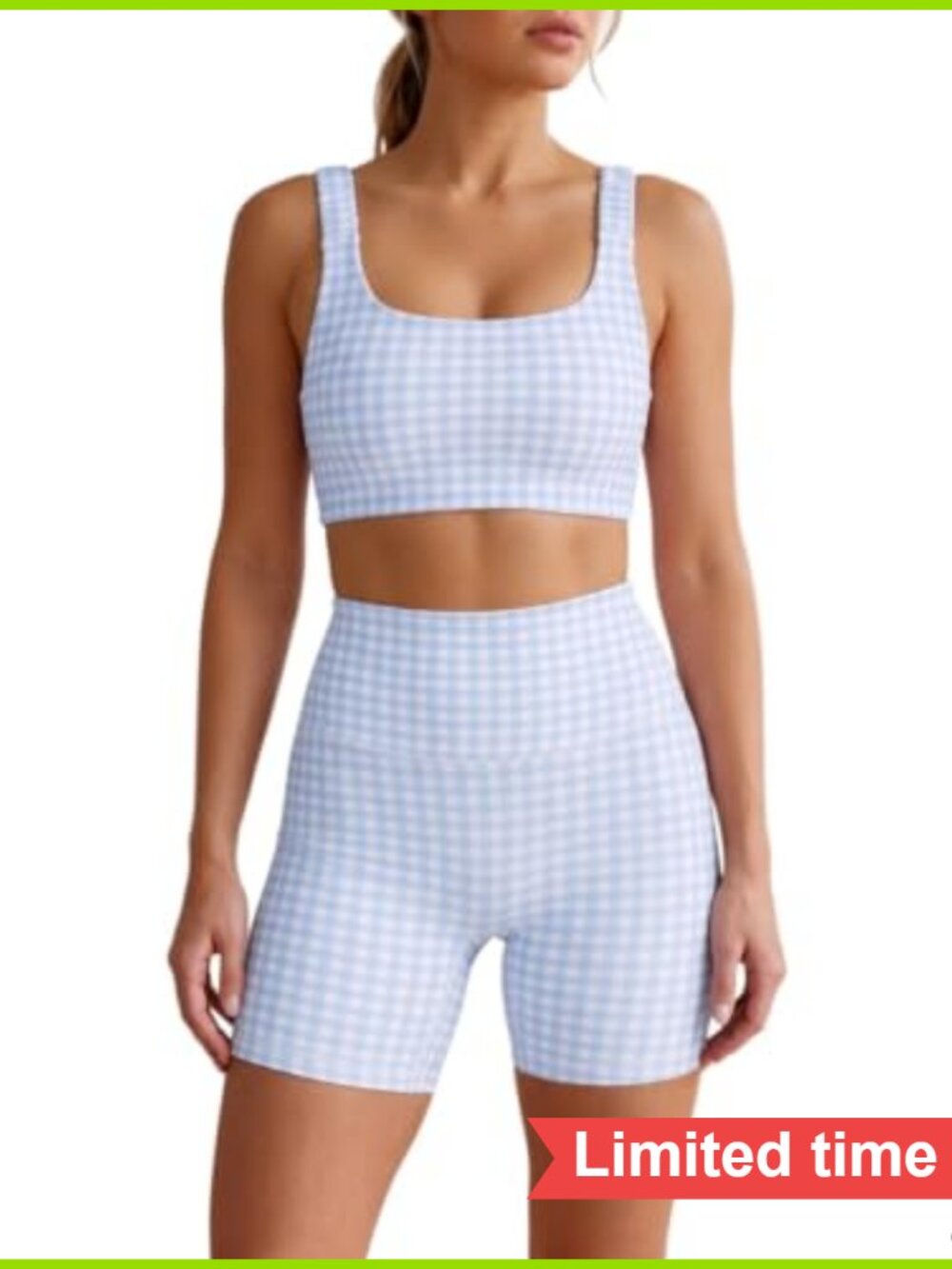 Gingham 2-Piece Workout Set with Sports Bra & High Waist Shorts